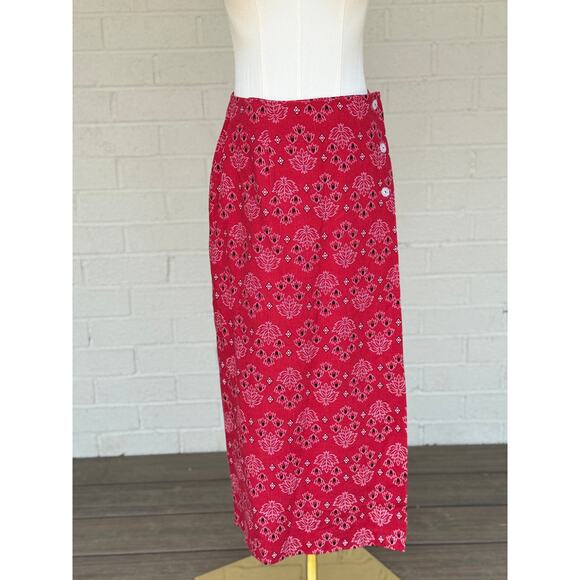 Coldwater Creek Red Linen Blend Midi Wrap Skirt Bandana Print Buttons PS - Picture 5 of 5